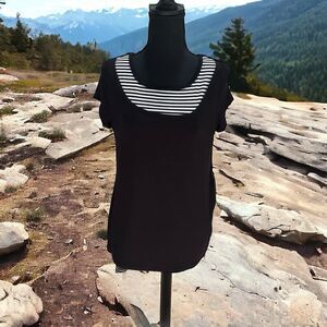 Picadilly Womens Black Layered V-Neck Blouse Striped Hem Cap Sleeve Sz S